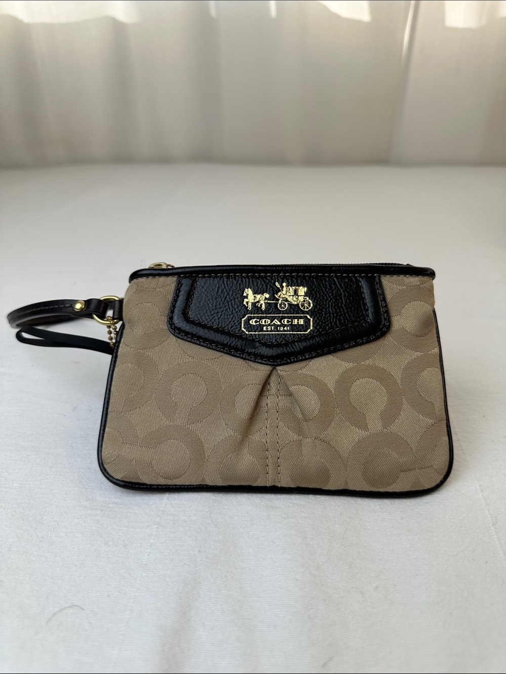 Coach Beige Signature Canvas Wristlet with Black Leather Trim
